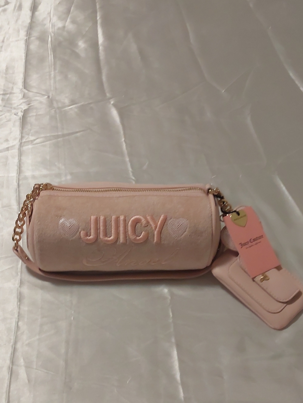Juicy Couture Blush Pink Velvet Barrel Bag with Gold Chain